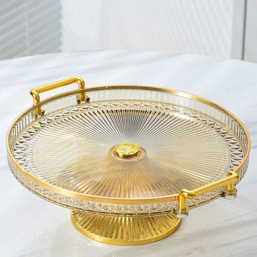 1 Dual Handle Kitchen Circular Service Tray And High Foot Tray, With A Gold-Plated Border Wrapped Around A Transparent Radial Patterned Surface, Reinforced Handles On Both Sides For A Smooth Grip - Gold - View 1