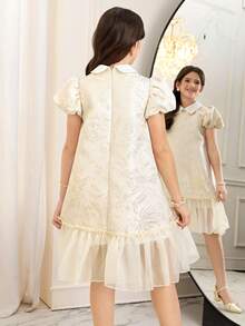 SHEIN Tween Girl Collared Short Sleeve Mesh Dress