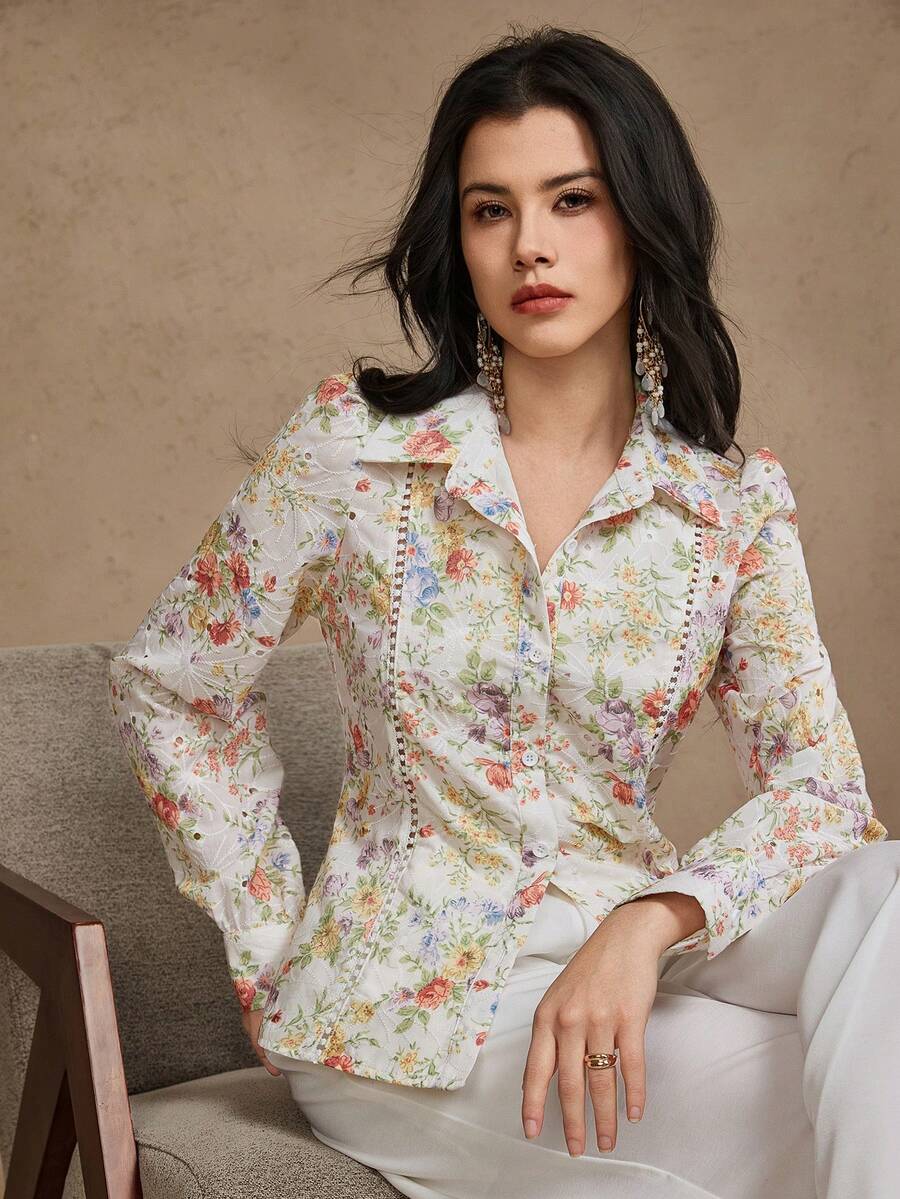 DAZY Damen elegante Bluse mit Blumenmuster und Puffärmeln, Frühling - Aprikosenfarben - Übersicht 1
