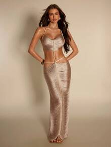 SHEIN BAE 女士时尚性感露背吊带连衣裙 - 杏色 - 查看 2