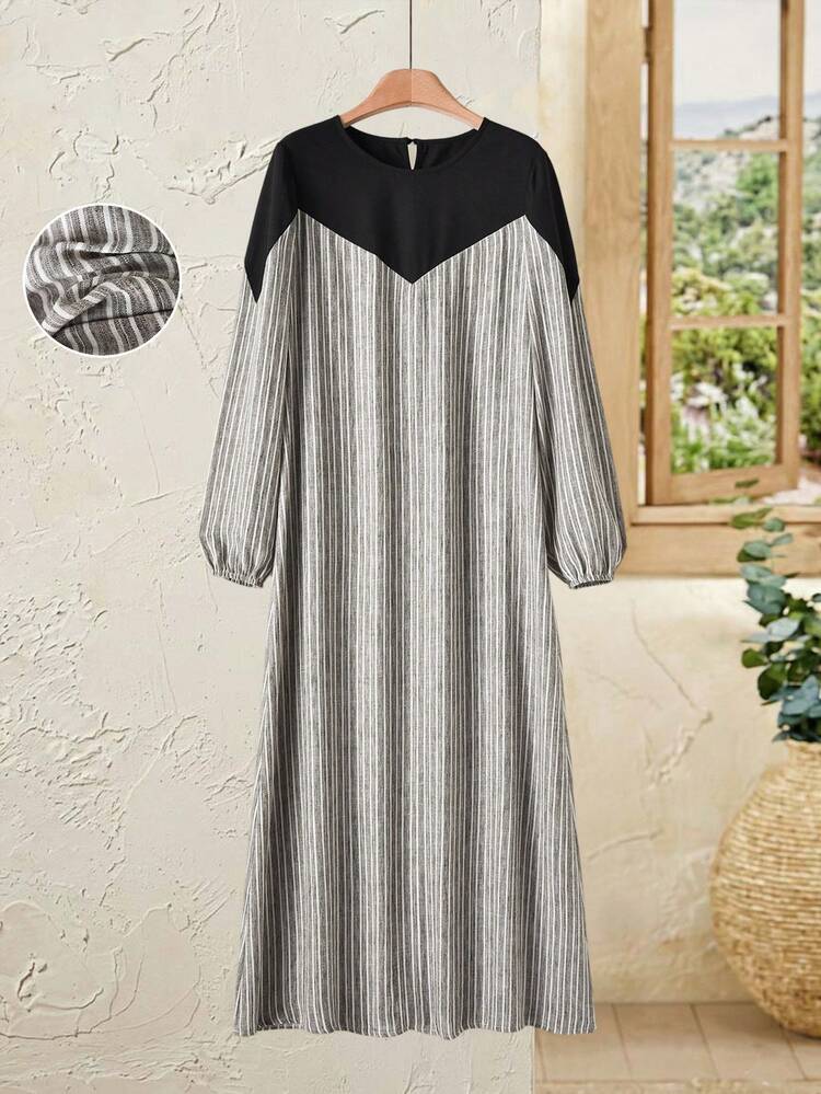 Rusticease Women's Round Neck Long Sleeve Striped Patchwork Dress Winter Dress  Winter Clothes Women's Winter Dress  Winter Clothesnew Year Dress Elegant Dresses For Women New Year Outfit  Casual Dresses For Women Casual Long Dresses Black Stitching Vertical Stripe Dress Dress Modest Striped Dress For Women Long Sleeve Long Dress Spring Outfit Women Spring Outfit Women Long Sleeve Summer  Going Out Dresses Cottagecore Dress - Black - View 3