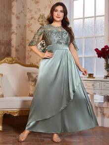 Ellevyn 大码女士优雅拼接刺绣网纱腰部裹身褶皱连衣裙 - 薄荷綠 - 查看 13