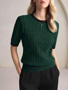 BizChic Damtröja med rund halsringning och kontrastfärgade kanter, enkel minimalistisk elegant affärs- och fritidskläder för damer, vår/sommar - Mörk Grön - Visa 2