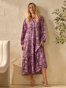 EURMUSE Women's Boho Paisley Long Dress – Long Sleeve V-Neck, Vintage Chic Elegant Casual Vacation Outfit - Multicolor - View 5