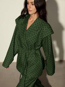 Aveloria Modichic 女士波点个性化长袖宽肩宽松翻领腰带直筒裤套装，初秋 - 綠色 - 查看 3