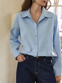 Dazy-Less Chemise bleue à manches longues pour femmes, style bureau/décontracté, design poétique de vieux argent, couleur unie, printemps/été - Bleu azur - Voir 5