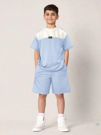 SHEIN 2pcs Tween Boy Casual Color Block Round Neck Short Sleeve T-Shirt And Shorts Set, Suitable For Commuting, School, Daily Casual Wear, Sports, Spring/Summer