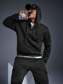 Driftmere Men's Casual Fashionable Half-Zip Hooded Sweatshirt With Thermal Lining, Minimalist Outdoor Pullover, Autumn/Winter, Long Sleeve Top - Black - View 6