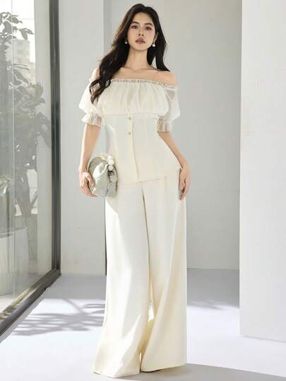 Heiryn Women's Solid Color Pleated Off-Shoulder Short Sleeve Blouse And Wide Leg Pants Elegant 2-Piece Set