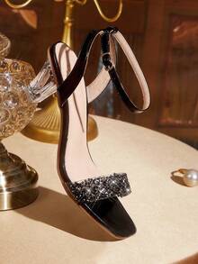 CUCCOO TILAWA 女鞋时尚优雅，异形水晶鞋跟，玻璃水钻黑色高跟凉鞋，适合宴会、派对等场合。 - 黑色 - 查看 6