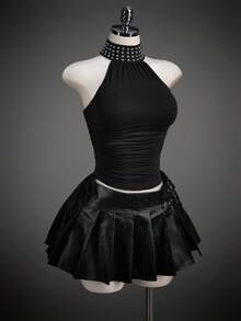 SHEIN ICON Summer Women's Hippie Black Goth Going Out Coachella Concert Club Rivet Design Side Drawstring Fitted Halter Neck Tank Top - Black - View 7
