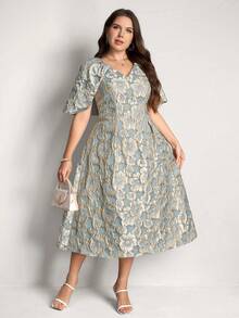 Comfylo SHEINLUNE 大码郁金香袖披肩修身优雅休闲婚礼宾客派对连衣裙，情人节、爱/恋人主题，3D玫瑰/花朵婚礼宾客连衣裙，女士新娘送礼会连衣裙，白色夜店装扮，女士性感春季装扮，女士夏季装扮，夏季服装，复活节装扮，女士西式服装 - 藍色 - 查看 5