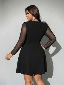 Viva Relle Plus Size Women Knit Patchwork Mesh Sexy Bow Decor Dress - Black - View 6