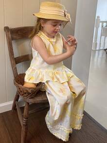 DAZY 2pcs Girls (Small) Round Neck Ruffle Trim Sleeveless Korean Style Ruffle Blouse & Loose Casual Pants Set - Yellow - View 1