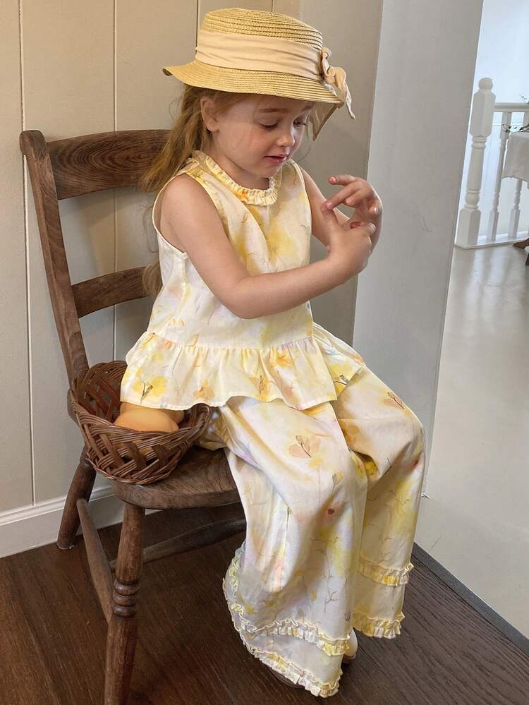 2pcs Young Girls Round Neck Ruffle Trim Sleeveless Korean Style Ruffle Blouse & Loose Casual Pants Set