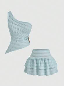 Sweetra 1 Bộ áo crop top không tay màu trắng có khóa thắt lưng và chân váy xếp ly ngắn màu trắng, phong cách tối giản - Màu xanh nhạt - Xem 8