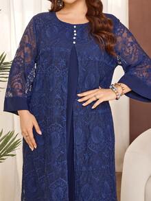 Lacomfia 大码纯色七分袖网纱刺绣A字优雅休闲连衣裙 - 藏蓝色 - 查看 1