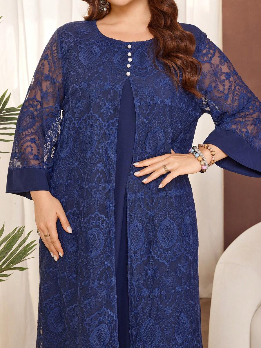 Lacomfia 大码纯色七分袖网纱刺绣A字优雅休闲连衣裙 - 藏蓝色 - 查看 1