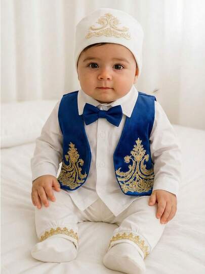 3pcs Baby Boy Spring Middle Eastern Style Contrast Color Bow Tie Shirt + Navy Vest + Knit Pants With Floral Hem Decoration Outfit Set Royal Blue Baby Boy Baby Boy Party Wear Royal Blue Vest Baby Nice Wedding Outfit Baby Boy Baby Boy Arab Dressرمضان  قرقيعان  فستان العيد  الملابس التقليدية العربية