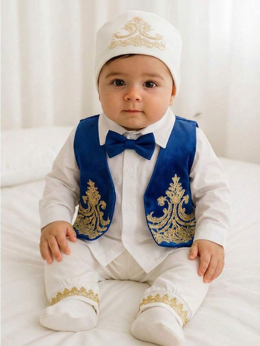 3pcs Baby Boy Spring Middle Eastern Style Contrast Color Bow Tie Shirt + Navy Vest + Knit Pants With Floral Hem Decoration Outfit Set Royal Blue Baby Boy Baby Boy Party Wear Royal Blue Vest Baby Nice Wedding Outfit Baby Boy Baby Boy Arab Dressرمضان  قرقيعان  فستان العيد  الملابس التقليدية العربية - Green - View 1