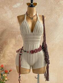 Soleia 女士夏季秋季度假套装 - 渐变针织深V领露背连体裤，性感时尚修身，适合派对、约会、下午茶、波西米亚风度假、海滩等场合。针织泳衣钩编泳装女士连体裤，女士钩编连体裤春季套装，女士情人节海滩套装，女士生日外出套装，女士优雅休闲度假复古套装，女士性感连体裤，女士夏季春季情人节休闲度假海滩婚礼生日外出套装，优雅休闲度假套装 - 杏色 - 查看 6