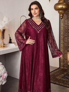 Al Najma Plus Size Women Lace Fabric Beaded Collar Elegant Dress, Spring/Summer - Burgundy - View 5