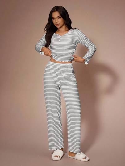 Lazeform Women's Casual V-Neck Button Decor Striped Print Knit Long Sleeve Top & Pants Two Pieces Pajama Set Cozy And Elegant Details, Fall Winter Clothes