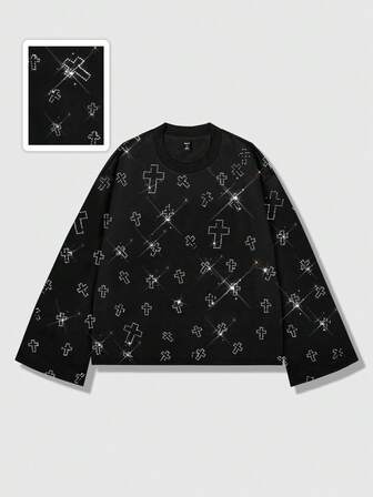 T-shirt à col ras-du-cou à manches longues, style décontracté et mode, orné de strass, unisexe