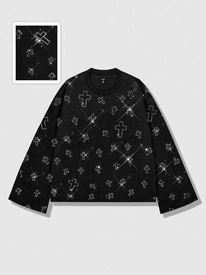 تي شيرت كاجوال يونيسكس أنيق مزين بالراين ستون بأكمام طويلة وياقة طاقم