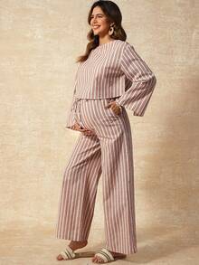 Boho Mama Maternity Two-Piece Cotton Set Colorful Striped Pullover Shirt With Slit Cuffs,Adjustable Elastic Waist Trousers,White,Autumn,Boho,Holiday Vacation - Multicolor - View 6