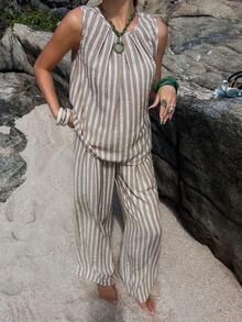 Livesso 2pcs/Set Women Casual Striped Sleeveless Top And Pants - Khaki - View 5