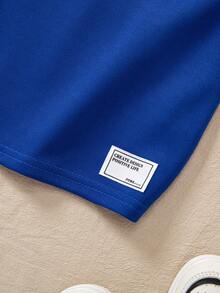 Casuvi Kids Oversized Relaxed Fit Collegiate Sports Style Polo Shirt For Tween Boy, Dropped Shoulder, Print On Hem, White Woven Label On Front Hem, Suitable For School, Light Sports, Weekend Leisure Streetwear Teens Boys Polos Solid Color Tops Kids - Blue - View 6