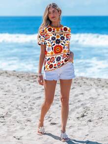 SHEIN LUNE Women's Print Casual Round Neck T-Shirt - Multicolor - View 3