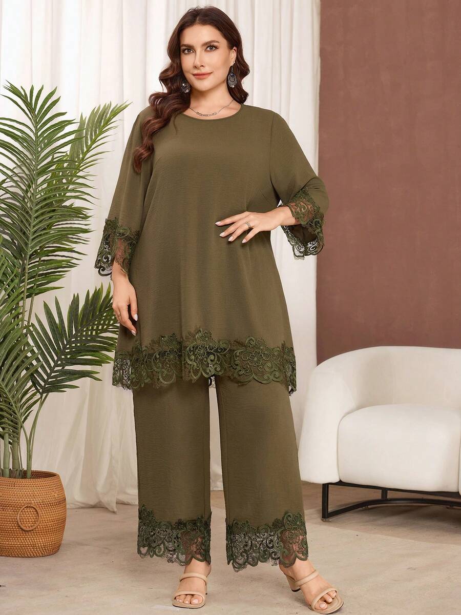 Lacomfia Bộ đồ 2 mảnh dành cho nữ cỡ lớn, váy dài phối ren cổ tròn thanh lịch, thích hợp mặc mùa xuân/hè. - Nhiều màu - Xem 1