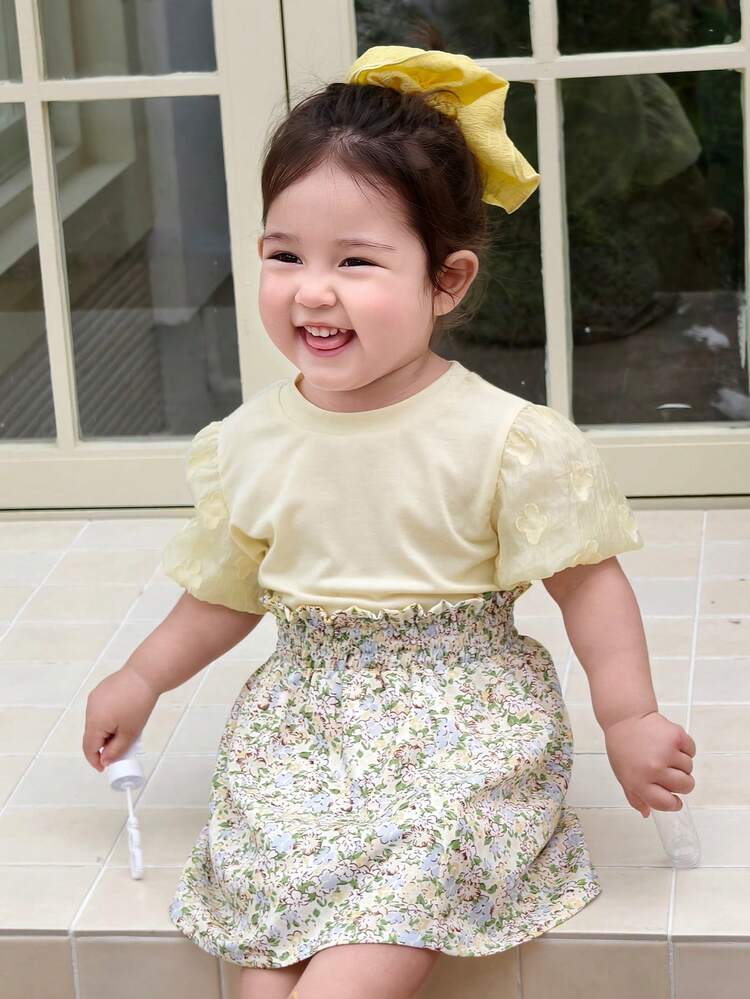 Baby Girls' Round Neck Casual Puff Sleeve T-Shirt & Floral Print Skirt 2-Piece Set, Korean Style Summer Toddler Girls Clothes