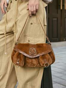 Viva Strut Ladies, Women Shoulder Bag,Hobo Bag, Plush,Fashionable, Personalized, Simple, Versatile, Street, Sweet And Cool Girls, Hot Girls,Y2k, Retro, Rivets, Vintage,Teenagers, Autumn And Winter - Brown - View 1