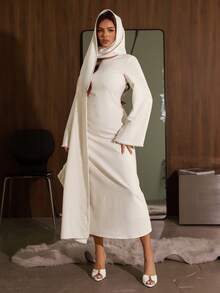 DAZY 春夏白色披肩连衣裙套装，优雅修身腰身休闲装，喇叭袖设计，饰以珍珠，适合约会、婚礼、通勤等场合。 - 米色 - 查看 7