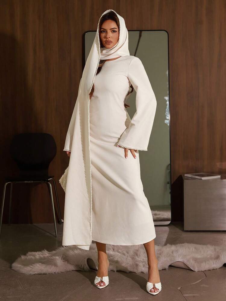 Spring/Summer White Shawl Wrap Dress Set, Elegant Fitted Waist Casual Outfit With Flared Sleeves And Pearl Decor, Suitable For Dates, Weddings, Commuting