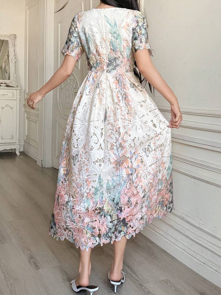 Women's Elegant Floral Lace Round Neck Mid-Length Dress, Summer Wedding Guest Dress Sundress