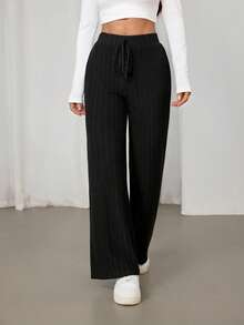 SHEIN PETITE Enfärgade, ribbade, stickade, baggy, narvtygbyxor med knytning framtill - Svart - Visa 4