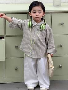 Dazy Kids Áo thun dài tay cổ bẻ kẻ sọc kiểu dáng thường ngày cho bé trai - Xám - Xem 5