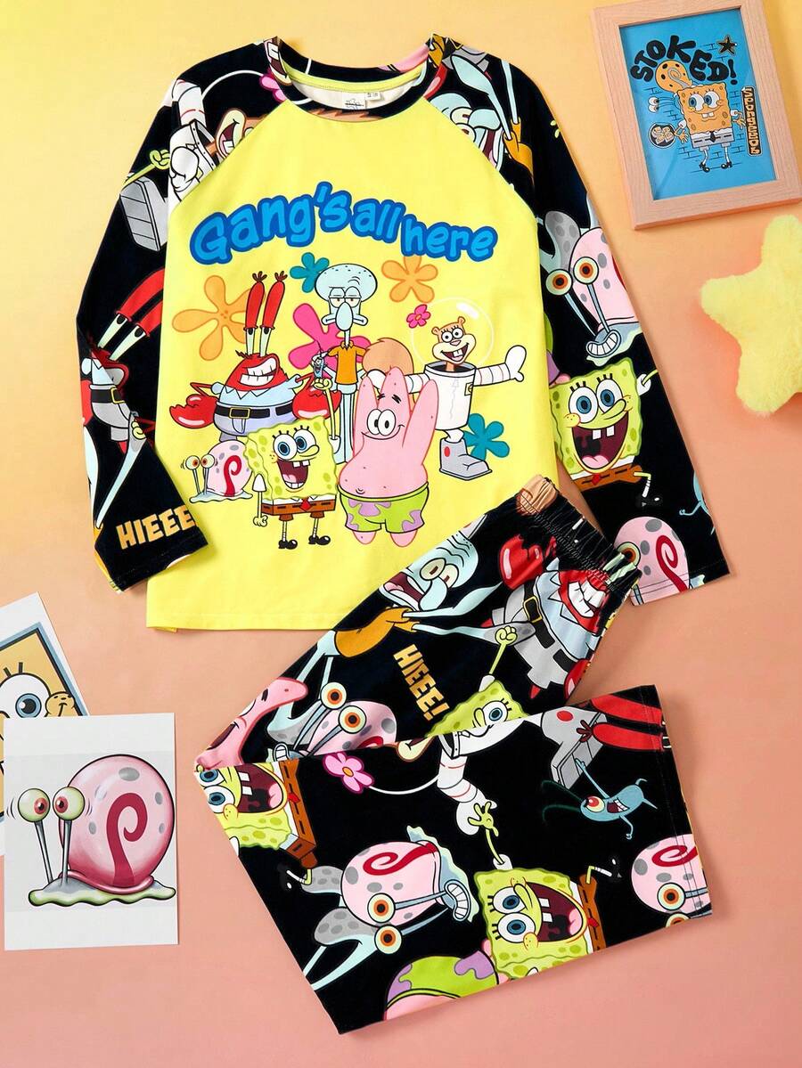 SpongeBob SquarePants | SHEIN 2pcs Tween Boy Cartoon Graphic Crew Neck Raglan Sleeve Long Sleeve T-Shirt And Relaxed Knit Pajama Pants Sleepwear Set - Yellow - View 1