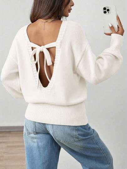 SHEIN EZwear Women's Casual Solid Color Backless Tie Loose Knit Sweater, Autumn/Winter