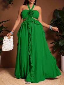 Veslaya 大码女装春夏新款日常休闲、沙滩、旅行印花露背系带荷叶边下摆、腰部镂空A字长裙，裹身式连衣裙，女士吸睛连衣裙，惊艳之作 - 綠色 - 查看 1