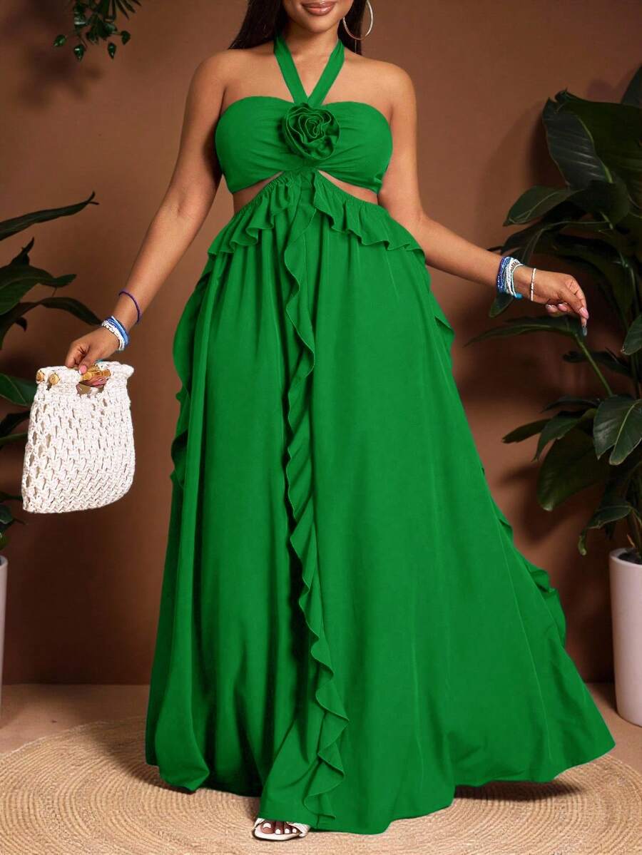 Veslaya 大码女装春夏新款日常休闲、沙滩、旅行印花露背系带荷叶边下摆、腰部镂空A字长裙，裹身式连衣裙，女士吸睛连衣裙，惊艳之作 - 綠色 - 查看 1