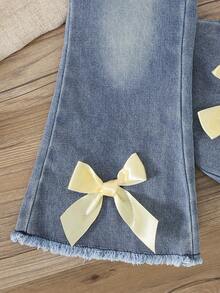 SHEIN Playful Pals 2件套 女童圆领短袖3D蝴蝶结灯笼袖T恤+松紧腰喇叭牛仔裤蓝色休闲套装，夏季新品 - 黃色 - 查看 8