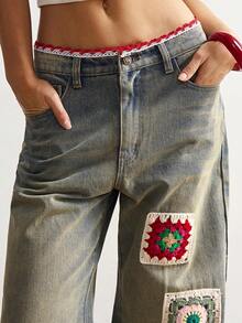 Bohemela 女士休闲时尚街头波西米亚度假风钩针编织宽松阔腿裤