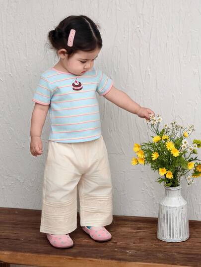 DAZY Toddler Girls' Loose Wide Leg Lace Color Block Casual Pants, All Season