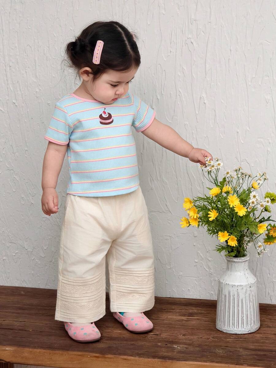 DAZY Toddler Girls' Loose Wide Leg Lace Color Block Casual Pants, All Season - White - View 1