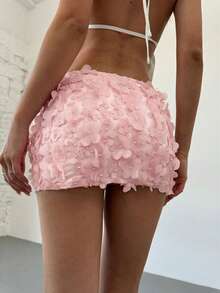 Aloruh Music Festival Pink Sequin Low Waist Mini Shorts For Women,3D Floral Mini Skirt,Easter,Carnival,Business Casual Woman,Office Wear Women,Going Out,Date Night,Teacher For Women,Party,Weddings & Events - Pink - View 3